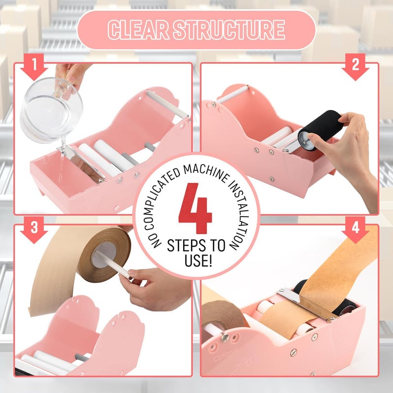 Frifreego Water-Activated Tape Dispenser, Manual Kraft Gum Tape Dispenser, Width Adjustable 1.18-3.15", Light Weight & Portable Packing Tape Dispenser Set, Light Pink - Image 2